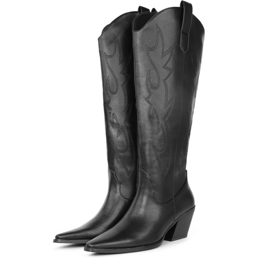 ⚡Women's Black Cowgirl Boot Embroidered Knee High Boot Pointed Toe Block Heel